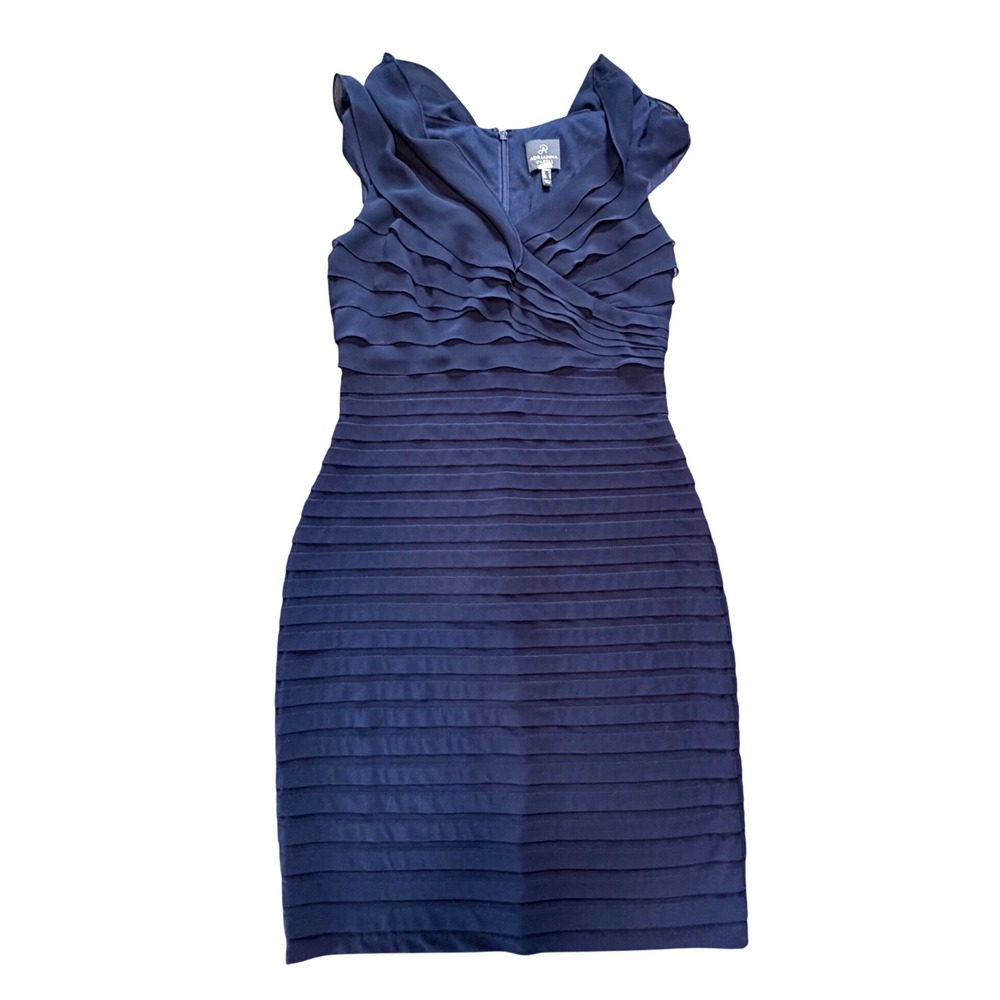 Adrianna Papell Navy Blue Tiered Ruffle Sheath Dress Size 8 V-Neck Cocktail - Picture 2 of 11